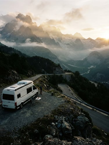 Wide panoramic shot of Spartacus, the white Volkswagen Crafter campervan, parked on a winding mountain road at dawn, surrounded by immense, mist-shrouded peaks in the Alps, vehicles small against the landscape, dramatic high-contrast light, 35mm film grain, cinematic.