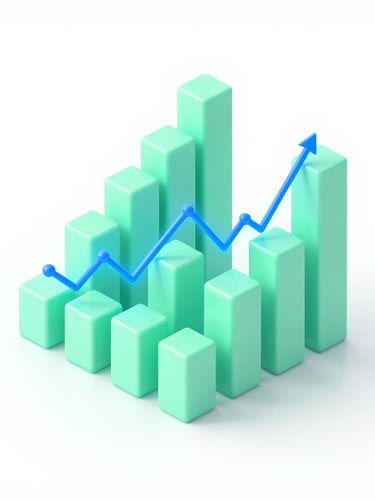 Isometric 3D render of a modular data visualization chart with glowing mint green bars and electric blue trend lines, clean white background, sharp focus