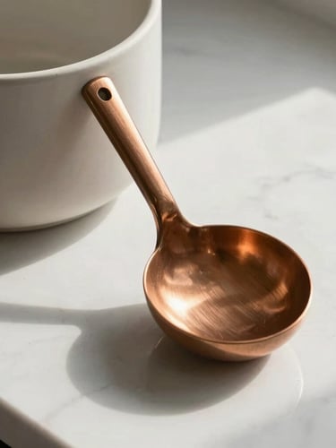 Close-up of a matte ceramic and brushed copper kitchen tool resting on a white marble countertop, soft morning light casting long shadows, architectural composition.