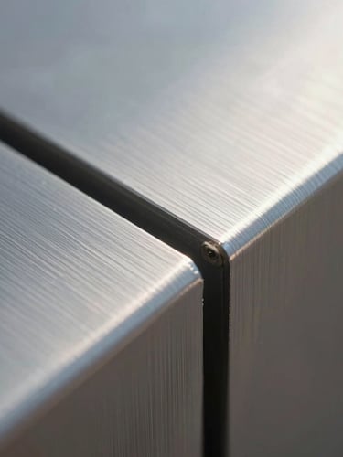 Macro photograph of a milled aluminum seam under soft morning light, showing precise physical-digital harmony and architectural lines.