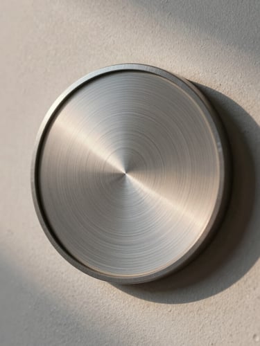 A tight macro crop of a circular milled aluminum sensor mounted perfectly flush into a raw plaster wall, soft early morning shadows casting a gentle gradient across the metallic texture.