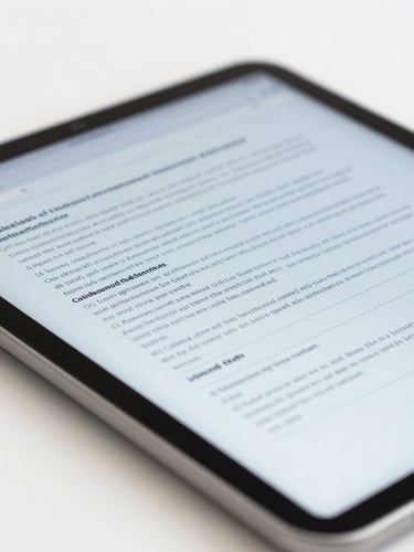 Macro shot of a modern tablet screen displaying structured legal document text, clean workspace background, bright neutral daylight, corporate blue tones, sharp focus, 35mm