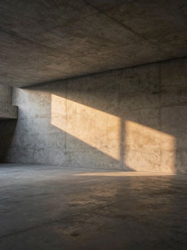 Wide architectural shot of a minimalist concrete gallery space, a subtle golden projection mapped onto the raw concrete wall, low-key dramatic lighting, sharp shadows.