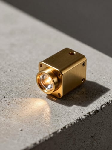 A sharp macro crop of a custom hardware interface casing made of brushed dark brass, with a single optical glass lens emitting a precise, warm amber light beam onto raw concrete. Dramatic architectural shadows.