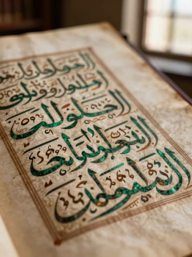 Macro photographic close-up of a medieval Andalusian manuscript with intricate Arabic calligraphy on textured parchment, illuminated by soft warm library window light, shallow depth of field.