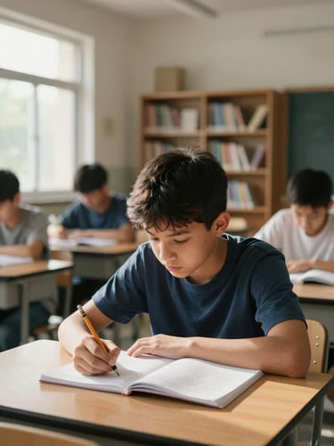 Wide environmental shot of a teenager concentrated over an open notebook at a wooden desk in a sunlit community classroom, natural daylight from a window at left, pencil in hand, bookshelves softly out of focus in background