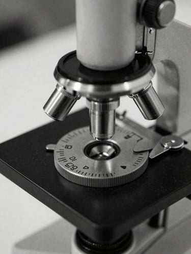 A high-contrast, black and white macro photograph of a vintage microscope dial and metallic arm, sharp focus, architectural texture