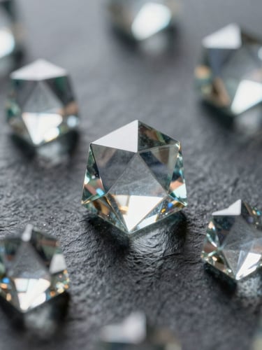 Stark close-up of geometric glass nodes refracting light, sharp focus, cool slate and white tones