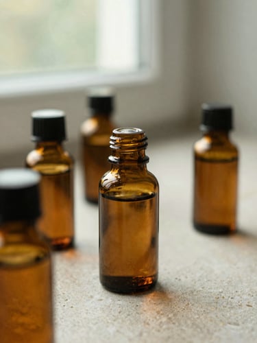 Macro editorial shot of amber glass tincture bottles on a raw stone surface, soft natural window light, muted sage green tones, shallow depth of field.