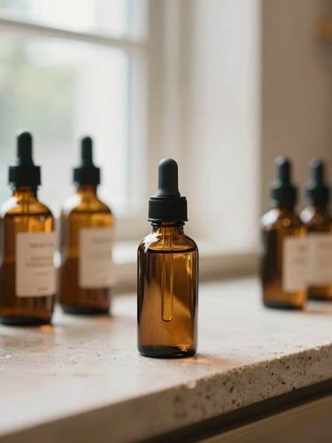 Warm editorial photography, soft natural window light, close-up of amber glass tincture bottles on a raw stone counter in a sunlit Georgetown boutique, shallow depth of field, 35mm