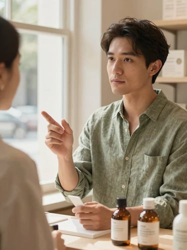 A thoughtful interaction between a wellness expert in a sage linen shirt and a customer, discussing a product in a sunlit boutique corner, warm natural light.