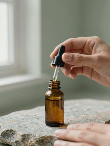 A close-up of hands placing an amber glass dropper bottle onto a raw grey stone surface, soft natural window light, muted sage green background, shallow depth of field