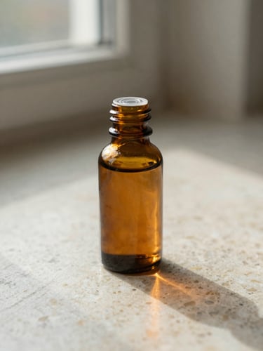 Macro shot of an amber glass tincture bottle casting a warm shadow on a textured alabaster surface, soft natural daylight, 35mm