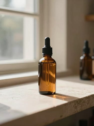 Warm editorial portrait photography of amber glass tincture bottles on a sunlit stone counter in a Georgetown boutique, soft morning window light, shallow depth of field, 35mm.