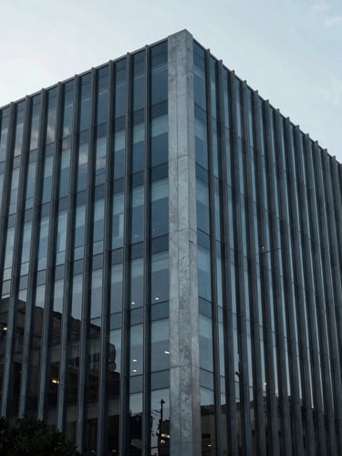 Wide architectural angle of a modern minimalist corporate building facade in São Paulo, steel and glass panels, cool diffused morning light, editorial corporate photography style