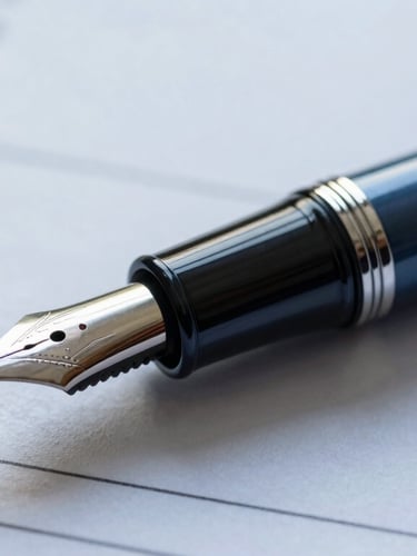 Macro detail of a high-end fountain pen resting on structured financial documents, cool diffused daylight, deep blue and slate gray tones, editorial corporate photography, 35mm lens.