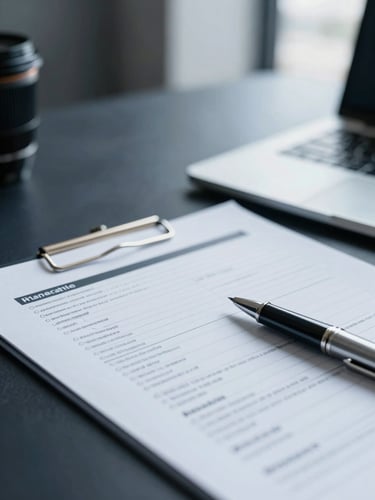 Macro detail of a structured financial document on a dark slate desk, high-end writing instrument, soft office interior lighting