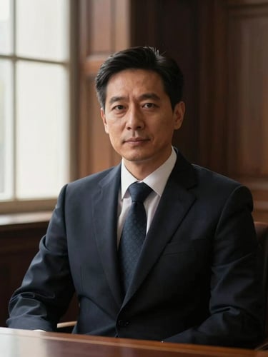 Editorial portrait of a confident male advocate in formal dark legal attire, sitting in a classic wood-paneled law office, soft side window light, cinematic depth of field