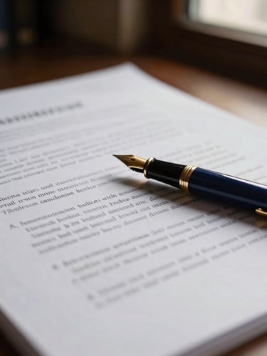 Close-up macro shot of meticulously organized legal documents and a classic fountain pen on heavy cotton paper, warm library lighting, shallow depth of field