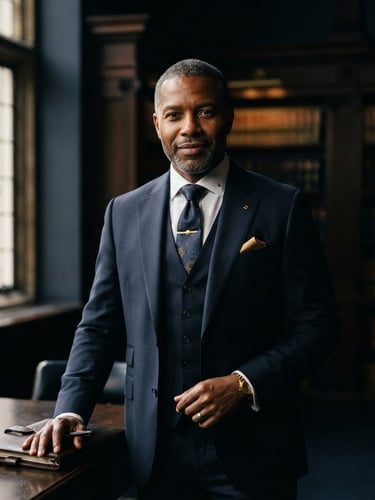 Editorial portrait of a confident male advocate in formal legal attire, dark navy background, dramatic window side-light, shallow depth of field, 50mm