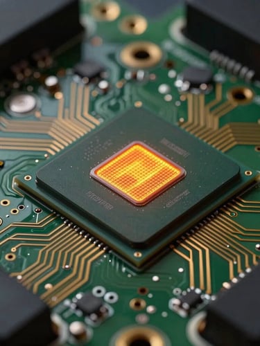 Extreme close-up of a modern car ECU circuit board with delicate gold traces and a glowing orange microprocessor, macro photography.