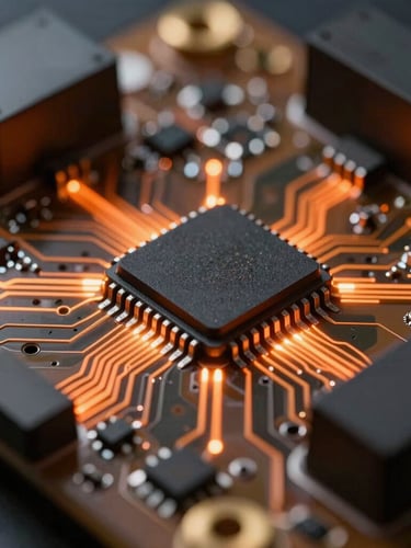 Extreme macro close-up of a high-tech automotive ECU circuit board, glowing orange microchips, diagnostic telemetry lines overlaying the hardware.