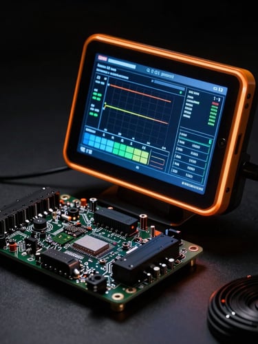 Low-key high-contrast studio lighting showing a glowing diagnostic screen connected to a modern sports car ECU board, orange rim lights, technical telemetry graphs.