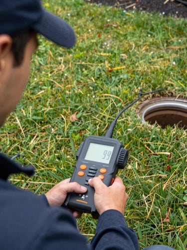 Over-the-shoulder view of a technician operating a pipe locating device on a residential lawn in Taranaki, tool held low to the ground, natural overcast daylight, drain access cover visible nearby