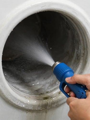 Close-up of a high-pressure jetting nozzle inside a drain pipe, water visible at work, practical site lighting, technician's hands steadying the hose at the drain entry point