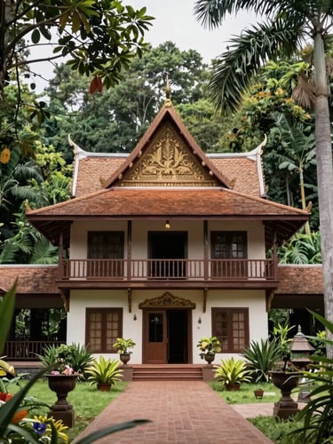 Architectural elevation of a minimalist concrete and teak pavilion in Phuket, low-contrast overcast daylight, muted earth tones, medium format film look, editorial composition