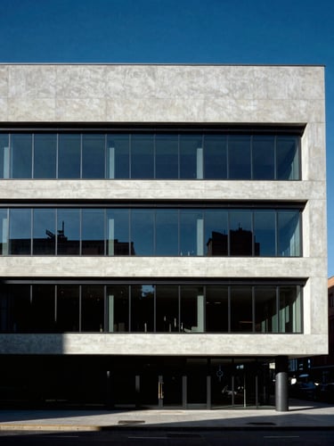 Architectural elevation of a modern minimalist climate-tech engineering office in Madrid, high-contrast shadows, clean lines, concrete and glass, dramatic daylight, medium format film