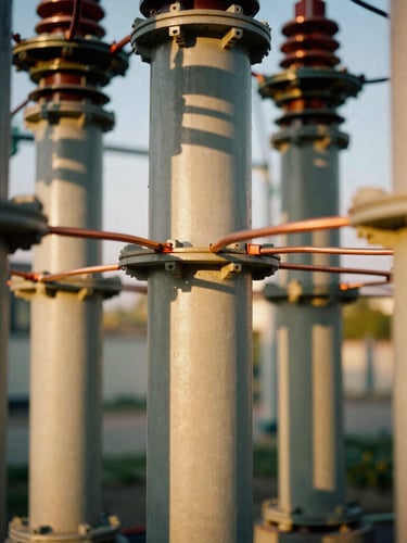 Extreme close-up of high-voltage copper conductors inside a clean industrial substation, geometric patterns, sharp shadows, warm golden hour light.