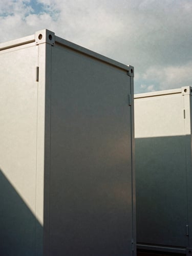 Architectural close-up of high-tech modular energy storage containers, clean metallic surfaces, dramatic high-contrast shadows, overcast daylight, 35mm film