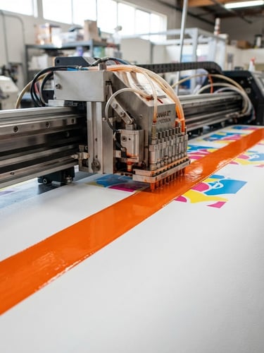 Close-up of a high-precision printing nozzle laying down vibrant orange ink on a massive vinyl sheet, bright industrial workshop lighting, wet sheen on the ink, 50mm