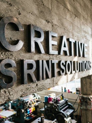 Dramatic low-angle shot of custom dimensional steel letters mounted on a textured concrete wall, bright natural daylight casting sharp architectural shadows, 50mm