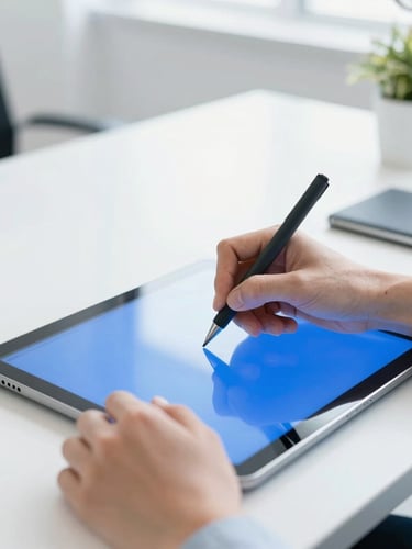 Close-up of professional hands writing on a digital tablet in a clean, modern corporate office, bright high-key daylight, blue reflections, sharp focus