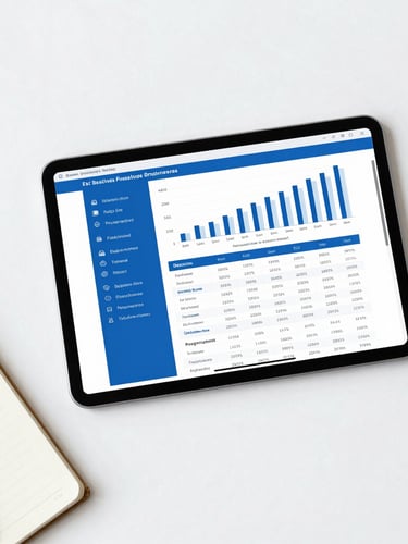 A clean flat-lay tech setup with a tablet displaying a professional business report, next to a notebook and a sleek pen on a white desk, bright daylight