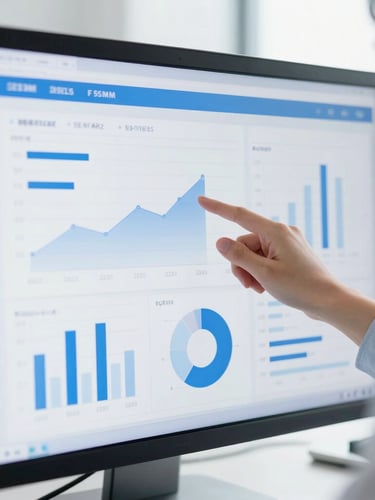 Close-up of a professional in a bright, high-key modern office analyzing commercial data on a clean screen, subtle cool blue reflections, sharp focus, 35mm