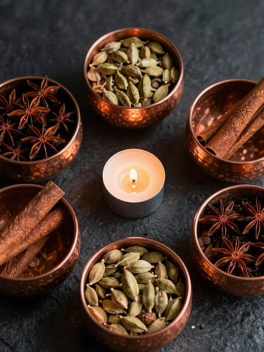 Overhead flat-lay of hand-hammered copper bowls filled with vibrant whole spices, star anise, cardamom, and cinnamon sticks on a dark stone surface, low-key dramatic lighting.