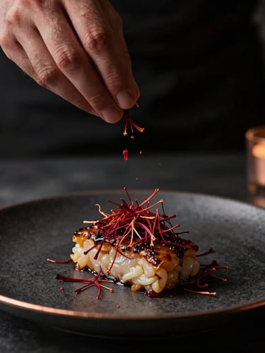Dramatic close-up of a chef's hands dusting ground saffron over an artfully plated heritage dish, dark charcoal background, warm copper lighting, macro lens.