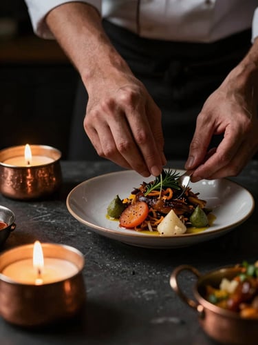 Dramatic close-up of a chef's hands carefully plating a modern Indian dish with copper tableware, warm candlelight glow, dark-mood food photography