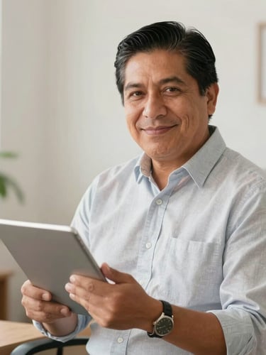 Warm editorial portrait of a Mexican professional in a bright, natural office environment holding a tablet, soft clean tones, 35mm lens.