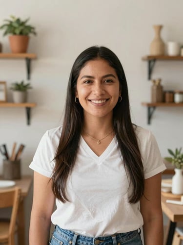 Warm editorial portrait of a smiling Mexican female small business owner in her bright, sunlit workshop, medium shot, soft clean tones, 35mm lens.