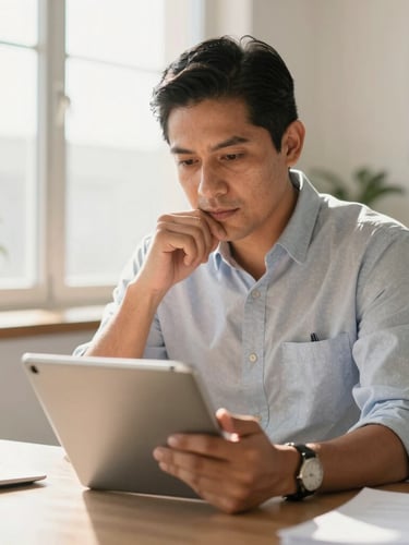 A warm editorial portrait of a Mexican professional in a bright sunlit office, looking thoughtfully at a tablet, 35mm lens