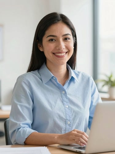 Warm editorial photography of a professional Mexican advisor in a bright natural office environment, smiling warmly, 35mm lens, soft clean tones