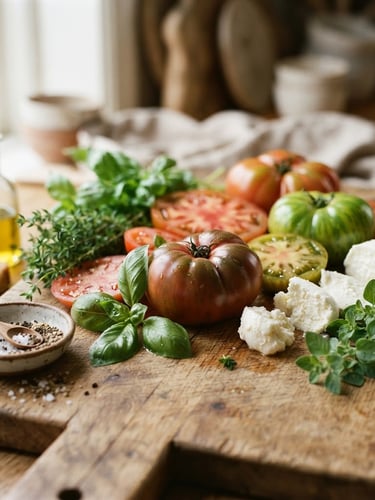 Close-up of fresh, raw ingredients (heirloom tomatoes, vibrant herbs, artisanal cheese) on a rustic wooden board, soft diffused natural light from the side, shallow depth of field, Scandinavian style.