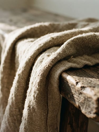 Macro detail shot of heavy-weave oatmeal slub linen draped over a rustic wooden bench, low-angle raking daylight casting deep shadows in the crevices, 35mm film style.