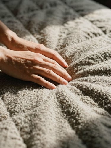 Hands gently feeling the heavy, textured weave of an organic wool quilt catching low-angle afternoon sun, casting deep shadows, warm editorial photography style.