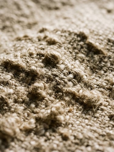 Macro detail shot of heavy-weave slub linen texture, low-angle raking daylight casting deep shadows in the crevices, warm organic oatmeal tones, 35mm film style.