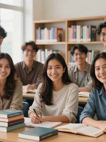 Retrato de un equipo de pedagogos y autores sonriendo en una biblioteca moderna, con libros de Guevi Editores en primer plano, luz natural suave, estilo de fotografía educativa brillante.